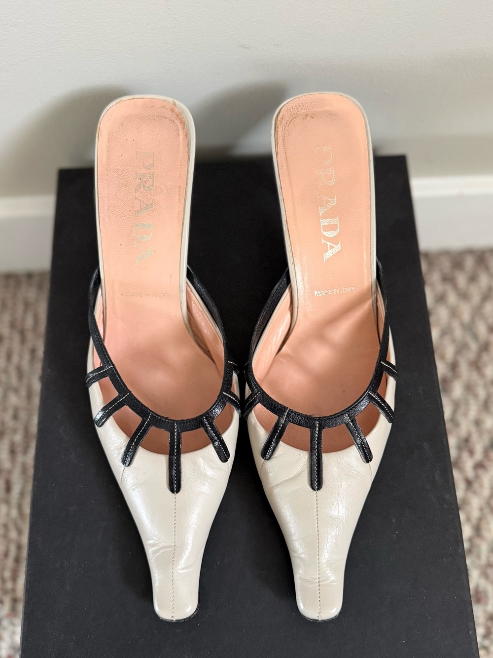Prada Vintage Cream & Black Pointed-Toe Leather Cutout Geometric Mules Heels